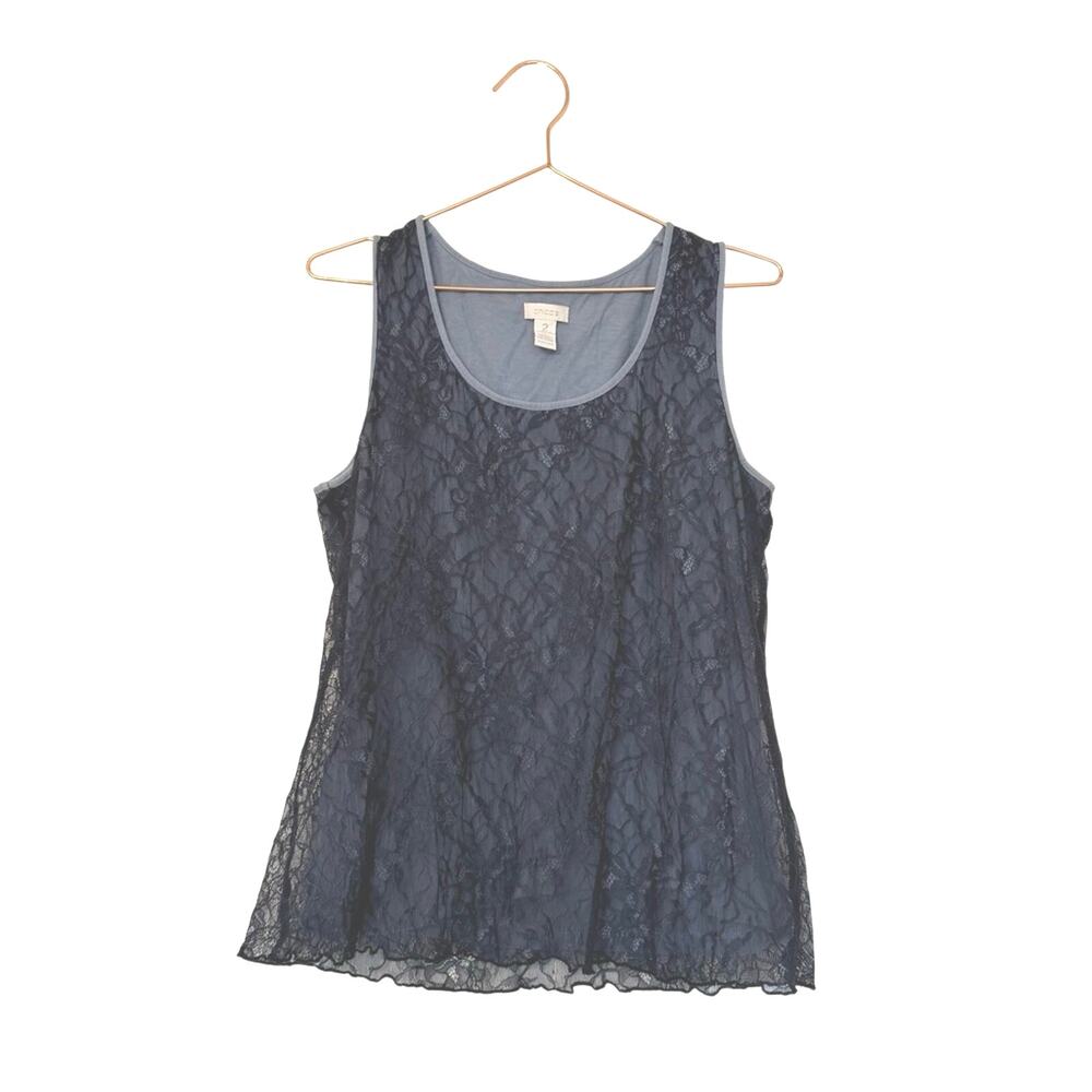 Chico size 2 Navy Lace Overlay Tank Top